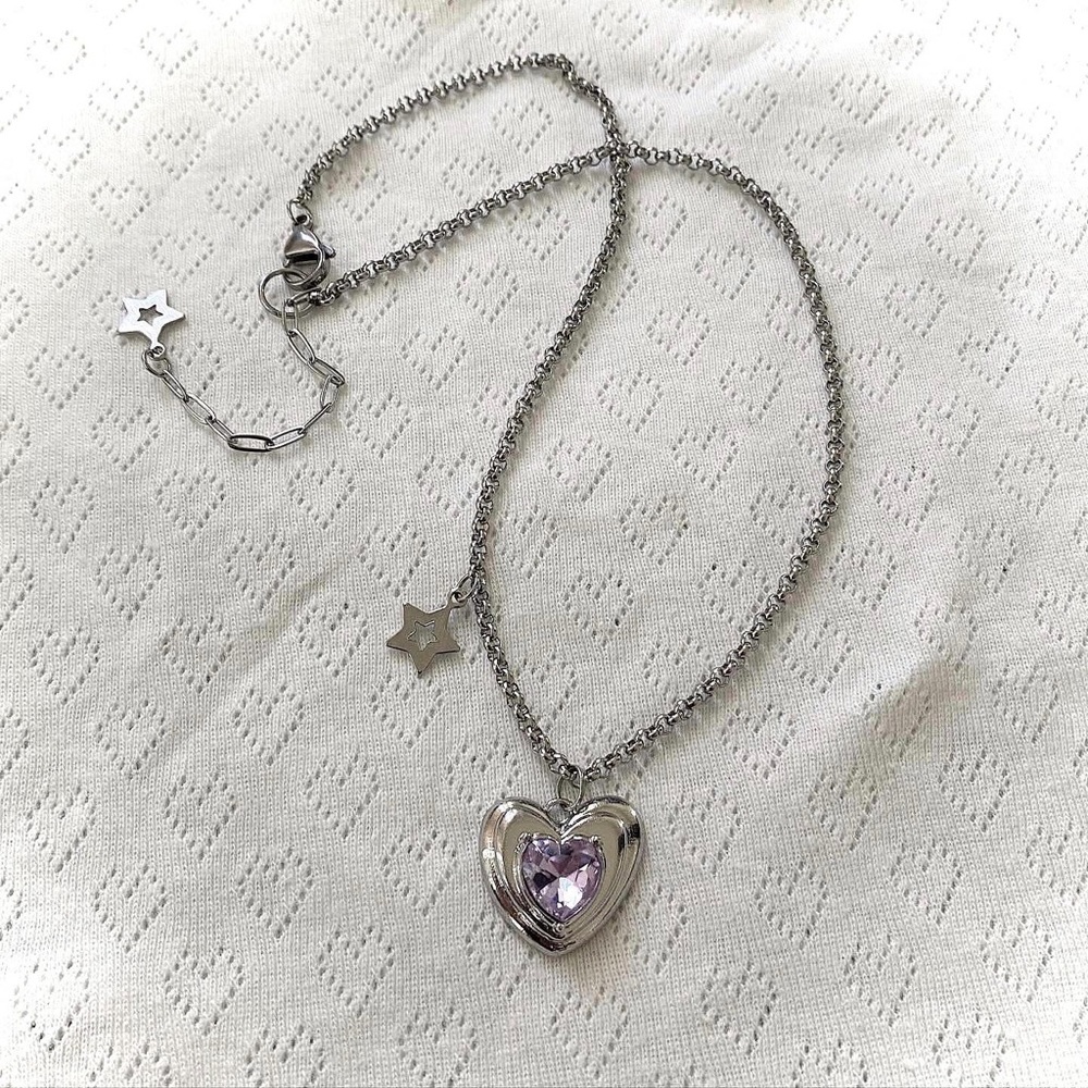 Charm necklace with rhinestone heart and star pendants